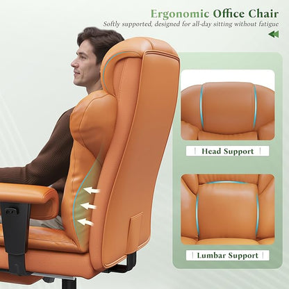 Ergonomic Office Chair with Foot Rest and Arms,Big and Tall Leather Executive Office Chair with Wide&Deep Seat Thickened,Reclining Comfy Desk Chair with High Back and Lumbar Support,Brown