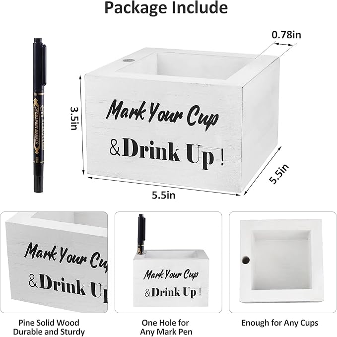 Wooden Cup Holder - Party Cup Holder with Marker Slot, Cup Holder for Party and Wedding, Rustic Disposable for Bar, Kitchen, Countertop, Home & Office, White