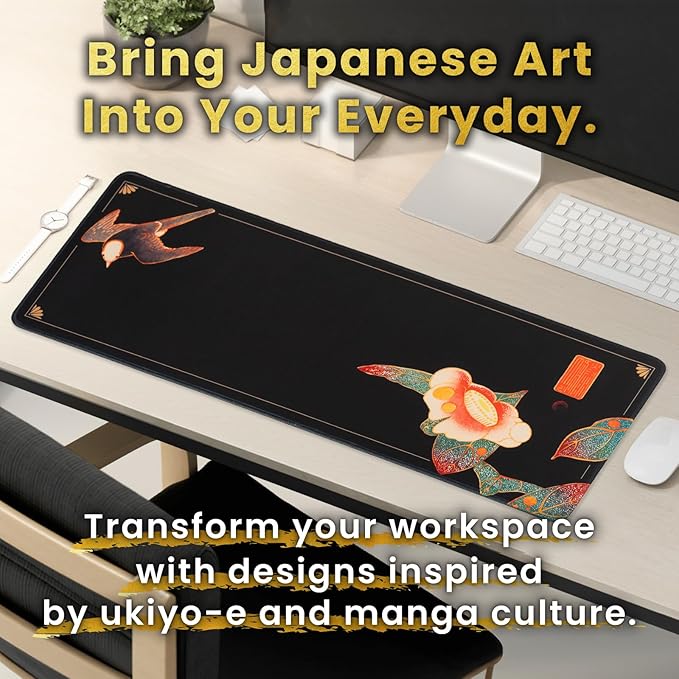 BELLEMOND Japanese Art Desk Mat | Large 31.5x11.8in Desk Pad | Mouse Pad for Keyboard & Mouse | Non-Slip Base, Water-Repellent, Smooth Precision | Camellia Silence