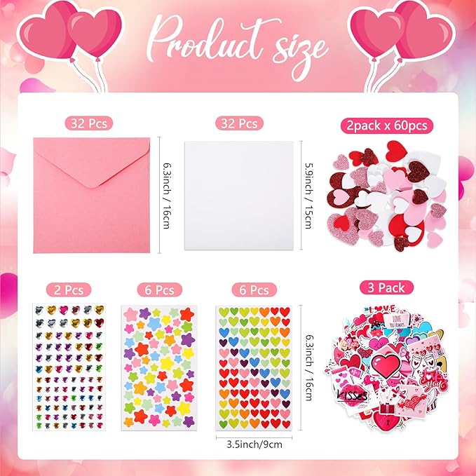 Zonon 32 Pack Valentines Crafts Set, Valentines DIY Card Valentines's Day Kits for Kids Girls Boys Foam Heart Sticker Craft DIY Kits Sticker Envelopes Cards Set for Classroom Exchange Gifts (Pink)