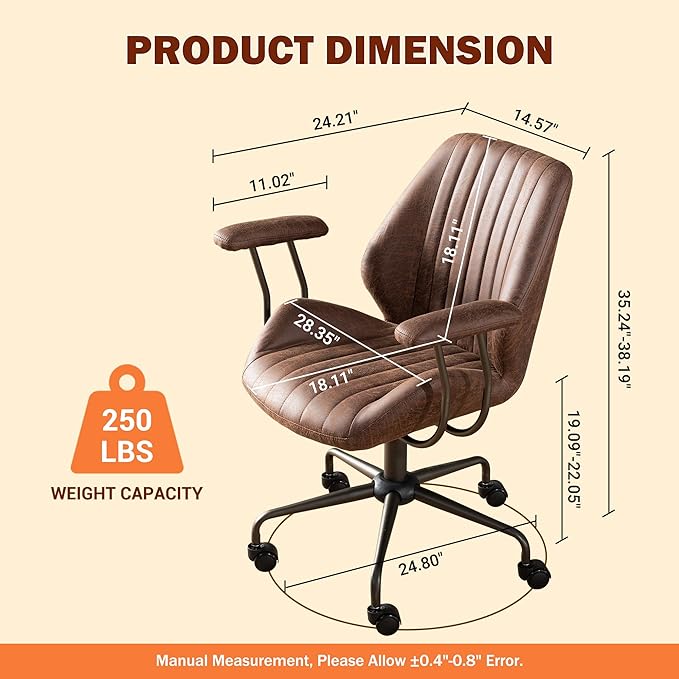 Home Office Desk Chair Adjustable Height, Ergonomic Executive Office Chair with Armrests, Rolling Comfy Desk Chair with Lumbar Support, Mid Century Modern, Dark Brown