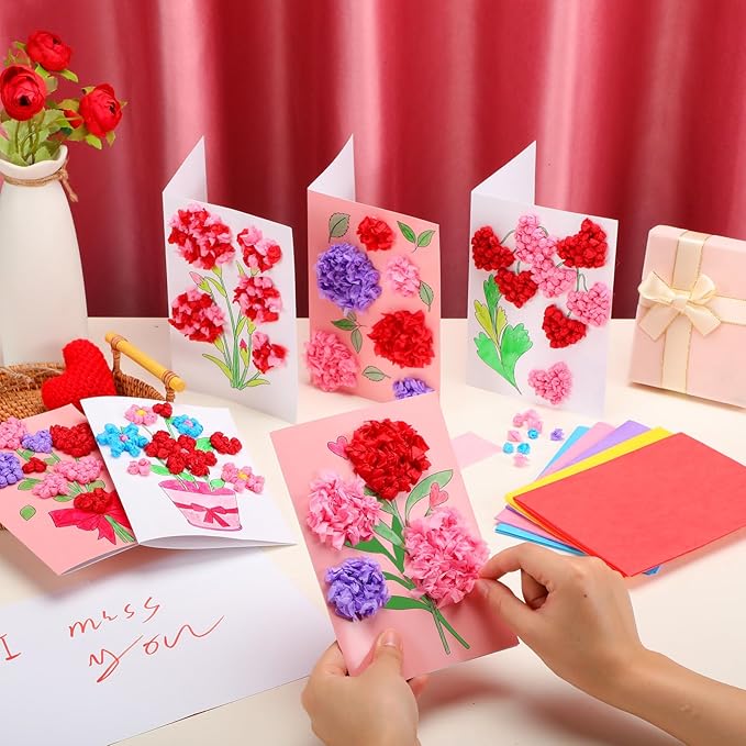 Motipuns 24 Sets Valentine's Day Card Making Kits DIY Valentine Tissue Paper Rose Craft Make Your Own Greeting Card Making Kit Flower Craft for Home Valentines Exchange Gift Party Activities