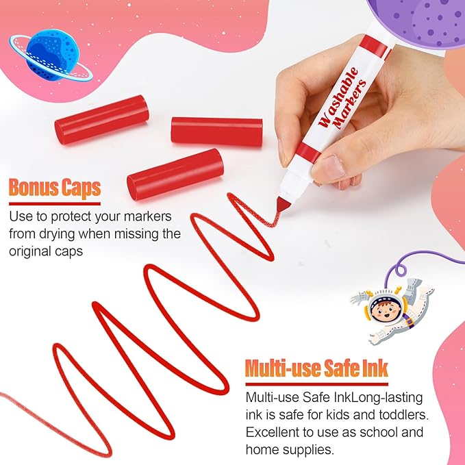 Janlaugh 24 Pcs Washable Markers Bulk Broad Line Markers Coloring Conical Tip Large pens for art projects, Teachers, Party Favors, Donations(Red)