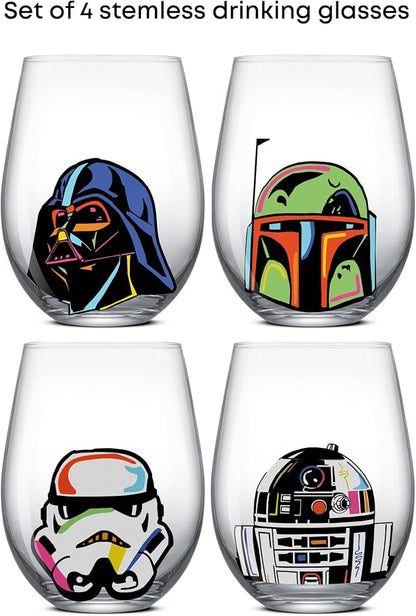 JoyJolt Star Wars Cosmic Color Stemless Drinking Glasses, 19oz Glass Cups ft Darth Vader, Stormtrooper, Boba Fett, R2-D2 - Star Wars Kitchen Glasses Set of 4, Gifts for Men, Women & Adults