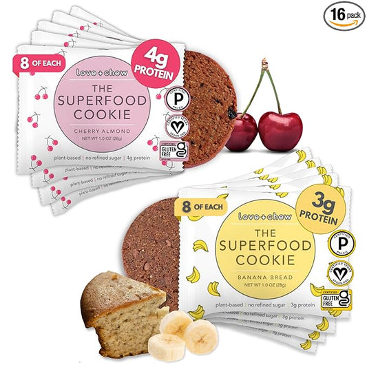 Love + Chew Superfood Soft Baked MINI Cookies, Banana Bread & Cherry Almond, Plant Based Cookie With Almonds, Fruit, & Chia Seeds for Kids & Adults, Vegan Snacks, Gluten Free, Paleo, Non GMO, 16 Pack