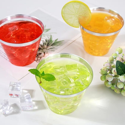 WELLIFE 120PCS Silver Disposable Plastic Cups,9 oz Clear Plastic Cups,Disposable Wine Glasses for Party and Wedding