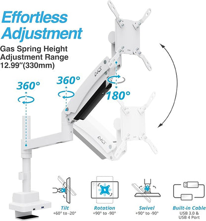 AVLT Single 57 Inch Heavy Duty Monitor Arm Pole Top Mount with USB-C USB-A Ports-White, Height Adjustable, Easy Install Top C-Clamp/Grommet with Reinforcement Plates, VESA Compatible 200/100/75
