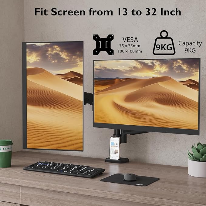 BONTEC Dual Monitor Stand for 13-34 Inch Screens, Gas Spring Adjustable Monitor Arm, Full Motion VESA 75x75/100x100mm Desk Mount with Tilt, Swivel, Rotation, Ergonomic Design for Home Office or Gaming