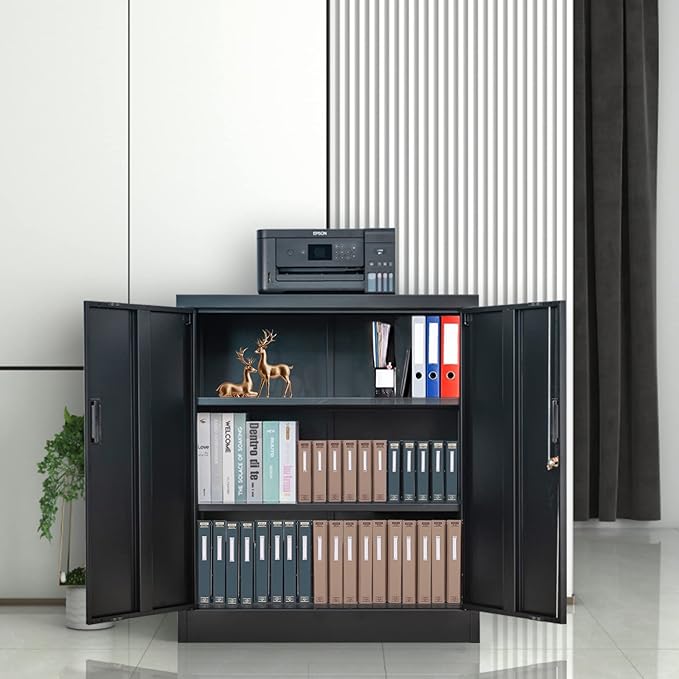 Metal Storage Cabinet, 36.2" H Locking Storage Cabinet with Adjustable Shelves for Garage, Home, Office, Utility Room-Black