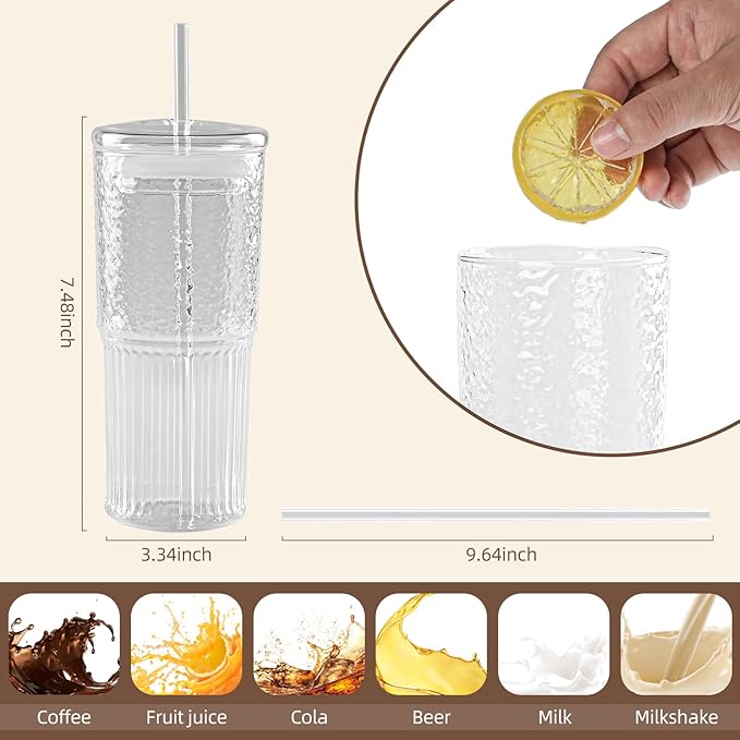 20oz Glass Cups With Glass Lids and Straws, High Borosilicate Iced Coffee Cups, Reusable Glass Tumblers for Coffee, Tea, Juice, Smoothies, Hot/Cold Drinks at Home, Office - 2 Packs