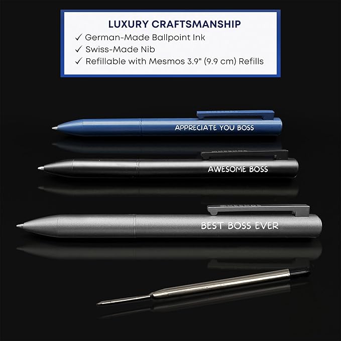 MESMOS 3pk Fancy Pens for Men, German Made Ballpoint Ink 1mm Medium Tip, Best Boss Gifts for Men, Boss Day Male Birthday Gift for Him