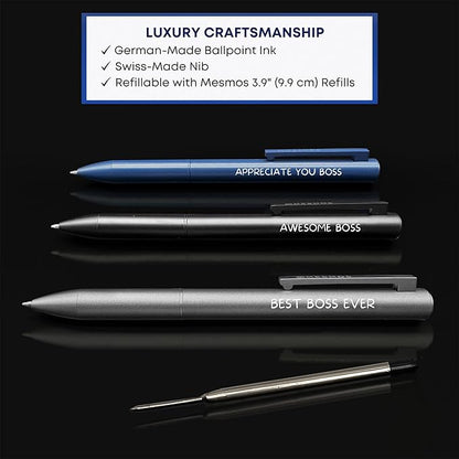 MESMOS 3pk Fancy Pens for Men, German Made Ballpoint Ink 1mm Medium Tip, Best Boss Gifts for Men, Boss Day Male Birthday Gift for Him