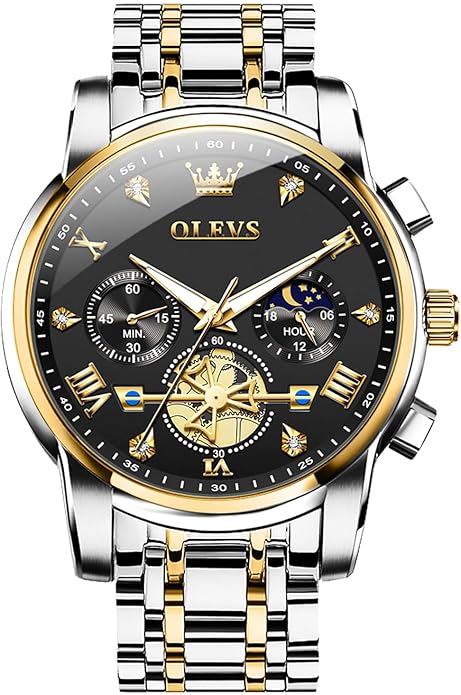 OLEVS Men Watches Stainless Steel Chronograph Watch, Large Wrist Analog Quartz Watch, Fashion Waterproof Diamond Roman Numerals Dress Watches for Men, Gold/Black/White/Blue/Grey Dial