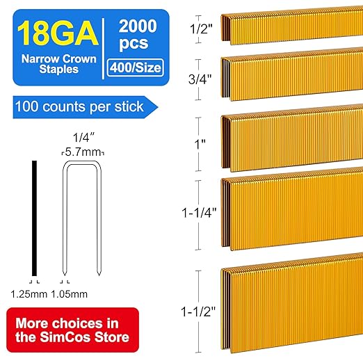 18 Gauge 1/4" Narrow Crown Staples (1-1/2",1-1/4" 1", 3/4", 1/2"), 2000 pcs Galvanized Assorted Sizes for 18 GA Pneumatic or Electric Stapler or Staple Gun,Project Pack (Assembly 2000)