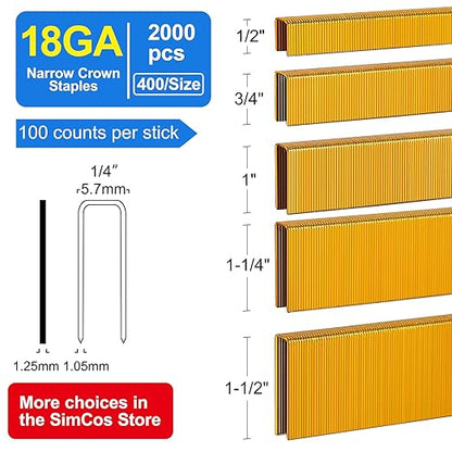 18 Gauge 1/4" Narrow Crown Staples (1-1/2",1-1/4" 1", 3/4", 1/2"), 2000 pcs Galvanized Assorted Sizes for 18 GA Pneumatic or Electric Stapler or Staple Gun,Project Pack (Assembly 2000)