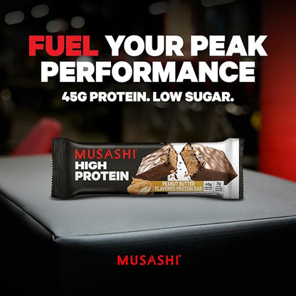 MUSASHI High Protein Bar, 45g Protein, 2g Total Sugars, Peanut Butter & Milk Chocolate Coated, Post Workout and Protein Snack On The Go, 12 Pack of 3.2oz (90g) Bars