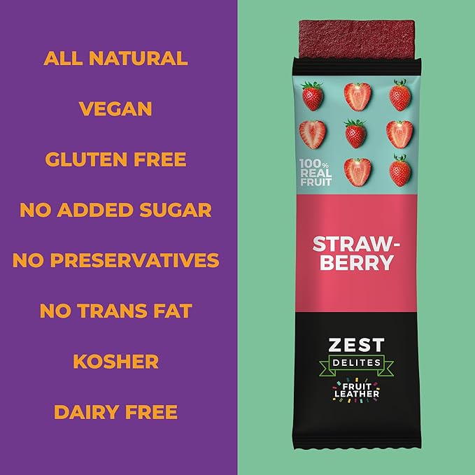 Dried Fruit Bars by Zest Delites, Fruit Leather Snacks, Strawberry Strips, Healthy Snacks Pack for Adults & Kids, Lavashak, Vegan, Apple-Based, Strawberry, 0.88 oz x 10