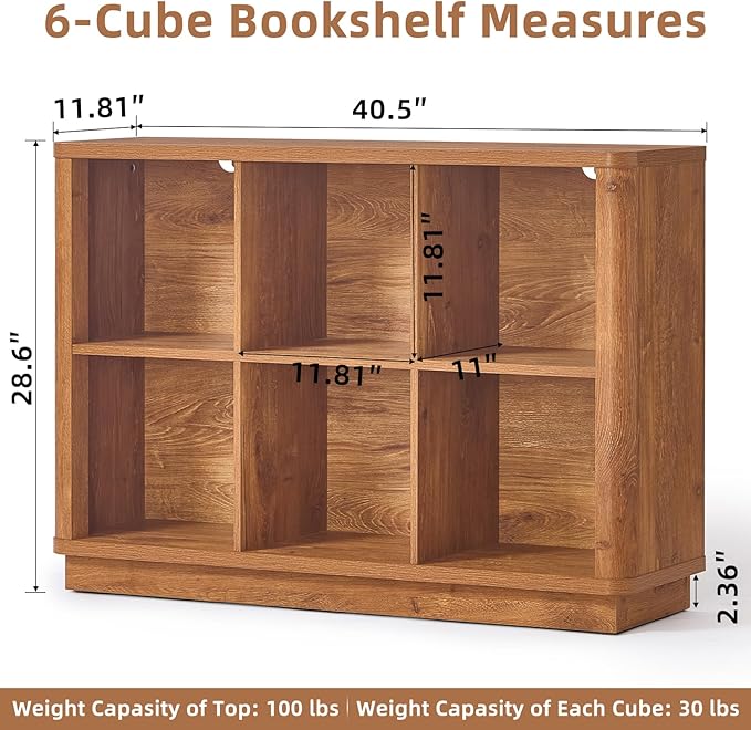 6 Cube Storage Book Shelf, 40" Wide Low Horizontal Bookcase with Curved Edge, Floor Standing 2-Tier Wooden Bookshelf with Base, Modern Short Book Case for Bedroom, Study, Entryway, Orange Oak