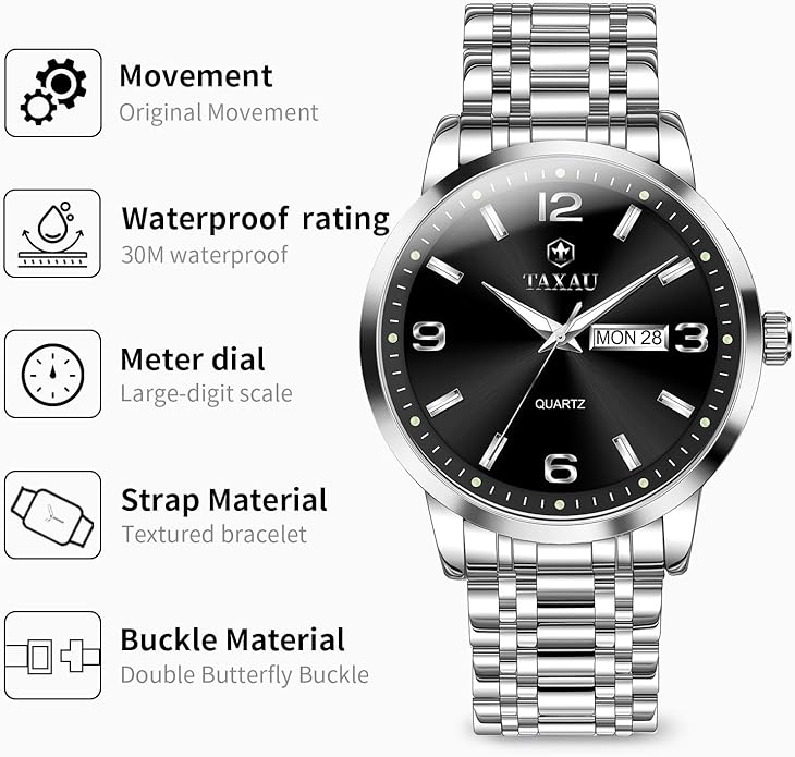 Stainless Steel Mens Watches with Day Date Quartz Analog Large Face Classic Watch Arabic Numerals Dress Luminous Rlojes para Hombres