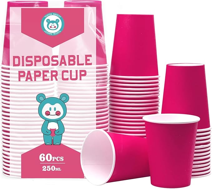 Disposable Paper Cups, 60pcs Pink Paper Cups For DIY Wedding Party Picnic BBQ Travel and Event 8OZ (Hot Pink)
