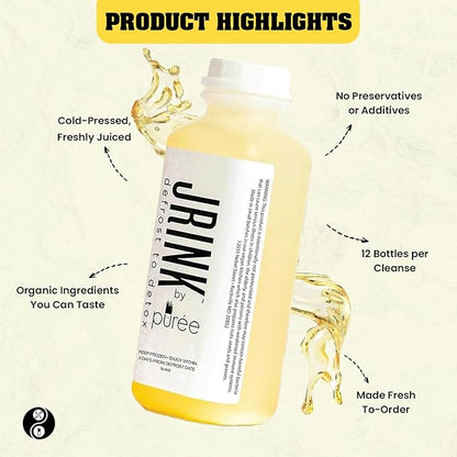 JRINK by Purée Ginger Lemon Juice, Cold Pressed Juice Cleanse with Organic Lemon Ginger, Detox Drink from Raw Fruit and Vegetable, No Preservatives, Healthy Cleanse, 16oz Bottles, 12 Pack