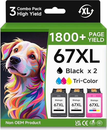 Compatible 67XL Ink Cartridge Replacement for HP Envy 6400 6055e 6455e 6055 6452 6455 DeskJet 2855e 4255e 4155e 2755e 4155, Black, Tri-color, 3-Pack