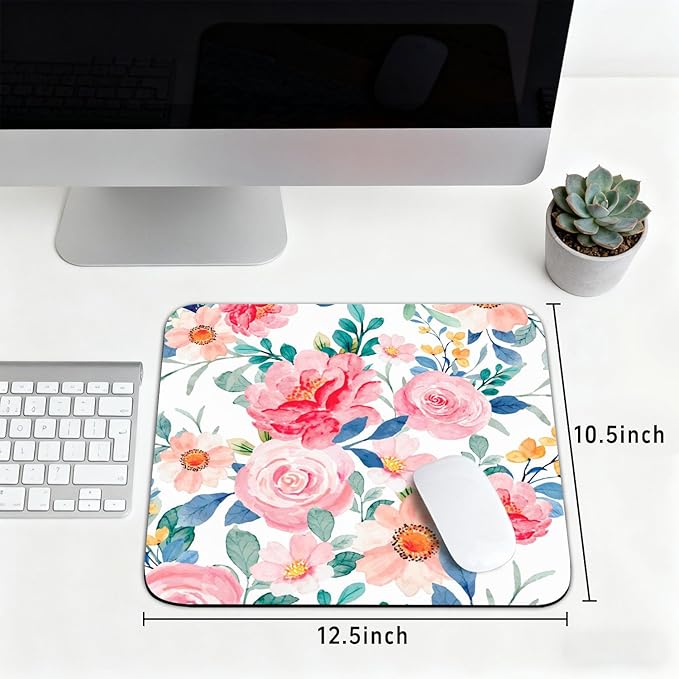 Watercolor Pink Flower Patterns Desk Mat, Large Gaming Mouse Pad Non-Slip Rubber Base with Stitched Edges, Waterproof Protection for PC Laptop Home Office Desk Decor (12.5x10.5in)