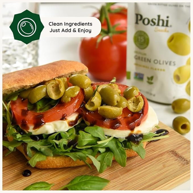 Poshi Green Olives On-The-Go - Original Flavor - Single Serve Pitted Olives - Convenient and Healthy Snack Packs - All Natural, Non-GMO, Kosher, Gluten-Free - 1.1 Oz Bags (10/Pack)