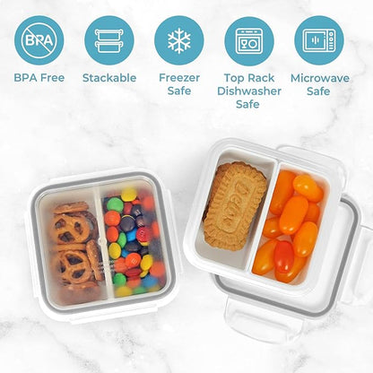 carrotez 2 Compartment Snack Containers, Mini Snack Containers for Mini Fridge, Small Food Storage Containers, Airtight Lids, Reusable, 1.1 cup, 6 PACK
