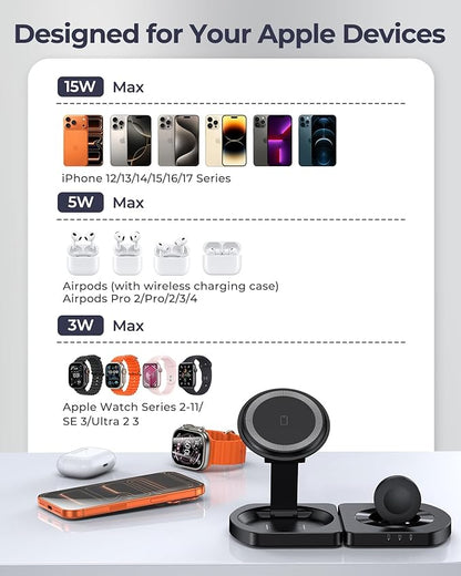 EGV Wireless Charger for iPhone, 3-in-1 Magnetic Charging Station for Apple, MagSafe Charger Stand for iPhone 17 Air 16 15 14 13 12 Series, Airpods Pro, Apple Watch Ultra, Foldable, No Adapter, Black