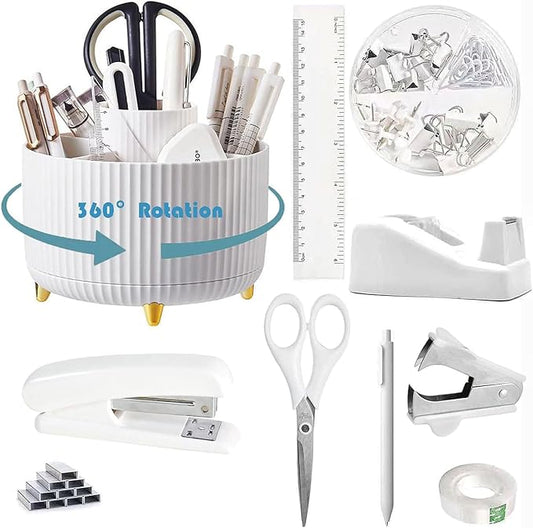 Desk Organizers and Accessories Set with 360-Degree Rotating Pen Holder, Tape Dispenser, Stapler, Staple Remover, 1000 Staples, Tape, Clips Set, Ruler, Scissor, Pen (White, 10 Pcs Set)