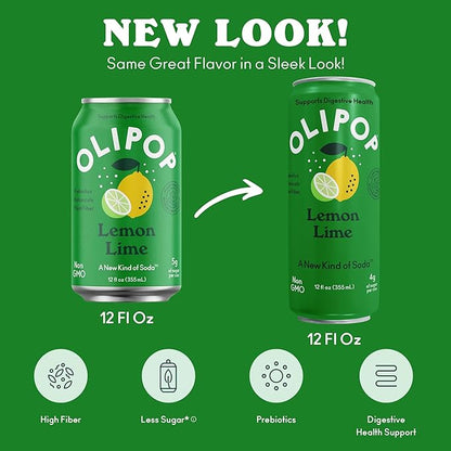 OLIPOP Prebiotic Soda Pop, Lemon Lime, Pantry Pack Packed with Prebiotics, Fiber, and Botanicals, Gluten Free, Vegan, GMO Free, 12oz Skinny (12-Cans)