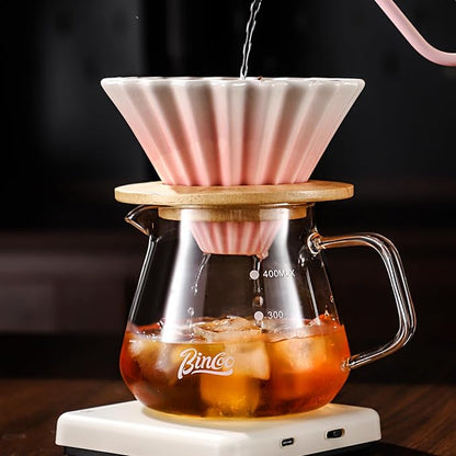 Bincoo 500ML Pour Over Coffee Maker Set with Filter Paper,Ceramic Coffee Dripper with Wood Stand Set for 1-2 Cups-Professional Brewing Tools for Pour Over & Drip for Home Office (Pink)