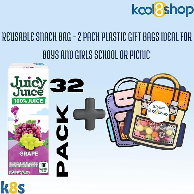 Juicy Juice Grape 100% Juice No Sugar Added On the Go Box 6.75 fl oz 32 Pack + 2 Reusable Snack Bags by KOOL8SHOP Infinite Deals