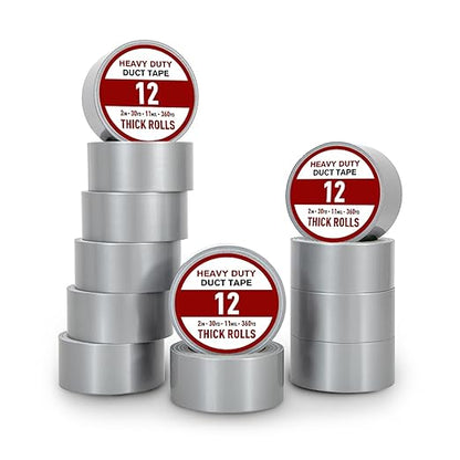 Duct Tape, 12 Roll Silver Tape, Multi Packing Tape, 30 Yards x 2 Inch Grey Tape, Heavy Duty Waterproof Duct Tape, Tear by Hand and No Residue, Bulk for Home Use, Repairs and Office Supplies