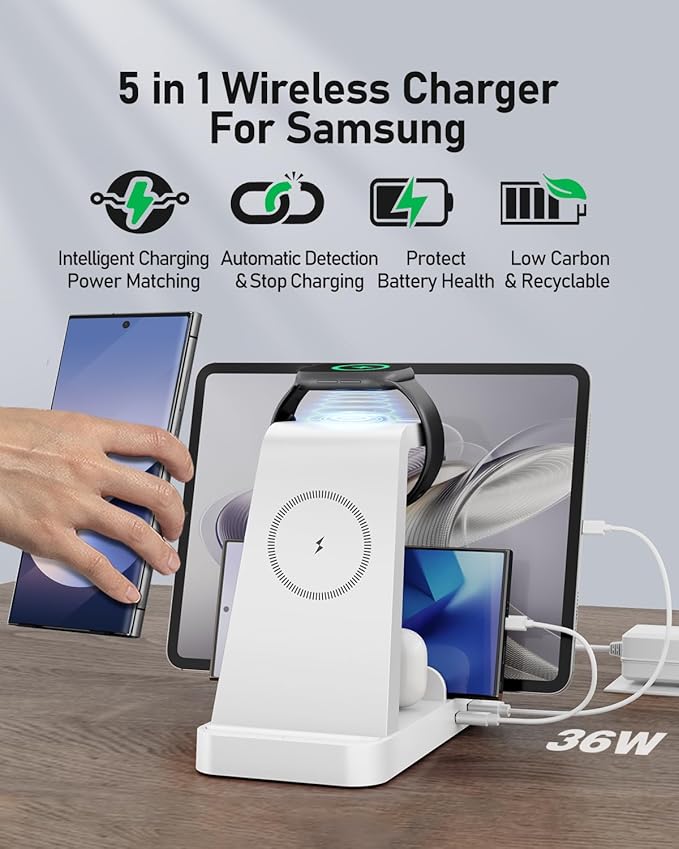 5 in 1 Wireless Charger for Samsung, Wireless Charging Station for Multiple Devices, Fast Charger Stand for Samsung Galaxy S25 Ultra S24 S23 S22 S20 Note 20 10 Z Fold 7 6 Galaxy Watch 7 6 5 Buds,White
