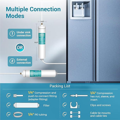 AQUACREST In-Line Water Filter for Refrigerator and Ice Maker, 5 years or 10,000 Gallons High Capacity, 1/4-Inch Direct Connect Fittings, Reduces Chlorine, Bad Taste & Odor