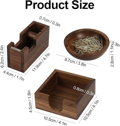 MultiBey 3pcs Walnut Office Supplies Desk Organizers, Wooden Sticky Notes Pad Holder Post it Dispenser, Paper Clips Holder and Tape Dispenser Cutter for Office Home School