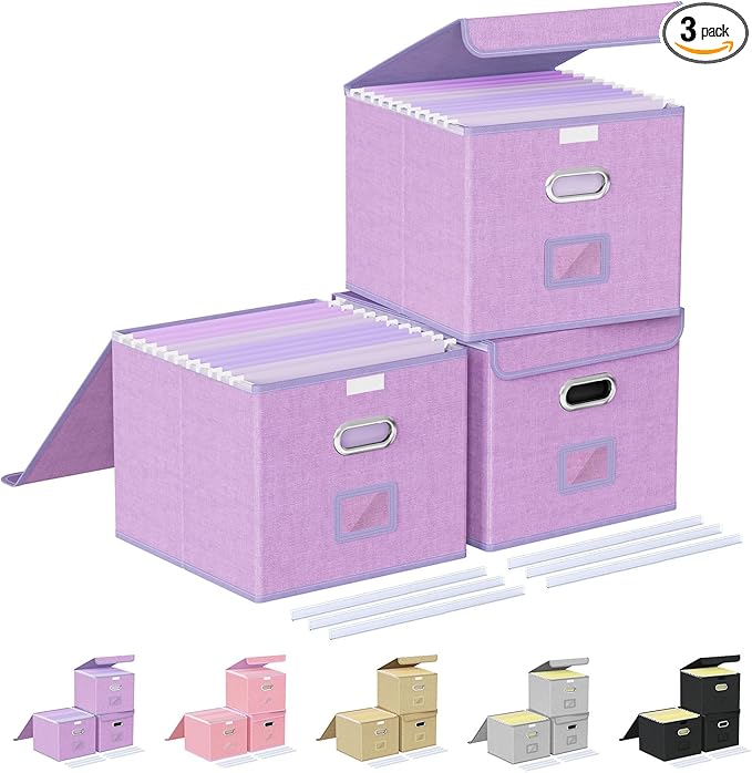 Oterri 3 Pack File Organizer Box,File Box,Small File Cabinet for Letter Folders,Lavender Portable Filing Box,Hanging File Folder Organizer with Lid for Office/Decor/Home- without Folders