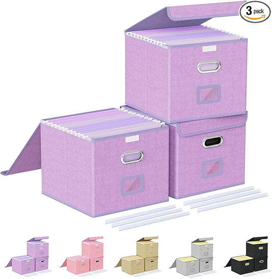 Oterri 3 Pack File Organizer Box,File Box,Small File Cabinet for Letter Folders,Lavender Portable Filing Box,Hanging File Folder Organizer with Lid for Office/Decor/Home- without Folders