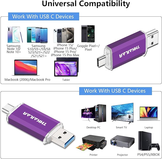 THKAILAR 32GB USB C Flash Drive 5 Pack,2-in-1 Dual USB-A&Type-C Thumb Drive USB 3.0 Memory Stick,High-Speed Flash Drive USB C for iPhone 15/16,Android,Mac,PC,PS4,Plug&Play,Durable&Compact Design