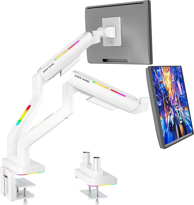 ARES WING Dual Monitor Mount for 17-35 Inch Ultrawide Heavy Duty Curved Screen, Computer Monitor Arm Desk Mount, Gas Spring Adjustable Dual Monitor Stand for Desk, White
