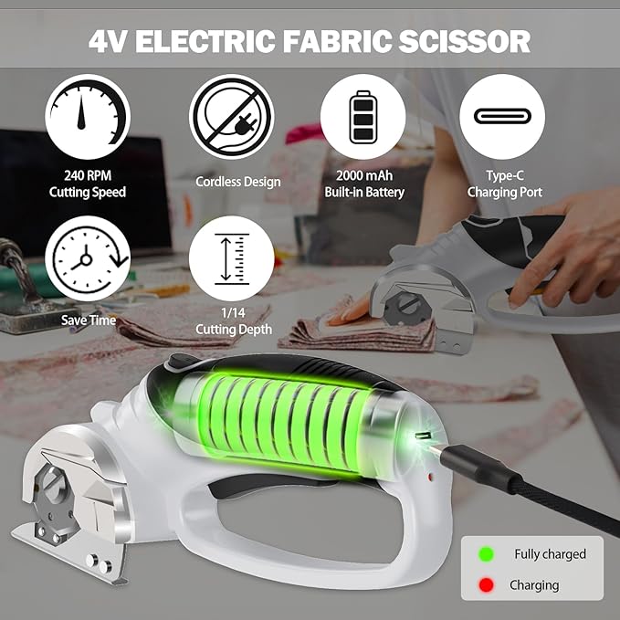 Cordless Electric Scissors, 4V Box Cutter & Cardboard Cutter with Upgrade Blade, LED Light, Safety Lock - Rechargeable Rotary Cutter for Fabric, Leather, Plastic, Crafting, Sewing, Industrial (Grey)