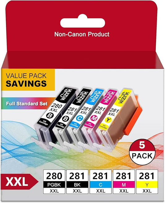 WIZINK Compatible TR8620a Ink Cartridge Replacement for Canon PGI-280XXL CLI-281XXL 280 XXL 281 XXL Compatible with TR8620a TR8620 TS702a TS9520 TS9521C TR8520 TS6220 TS6320 TS8220 (5 Pack)