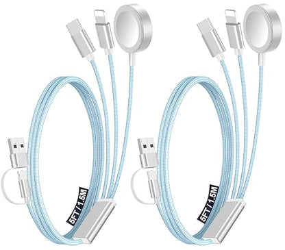 2Pack Multi Charging Cable Cord for Travel Essentials,Apple Watch Charger,iPhone Charger,[3-in-2] Type C/Lightning Cable Portable Designed for iWatch,iPhone 17-8,Galaxy S25-21,AirPods,iPad-1.5M Blue
