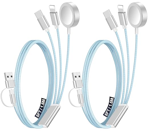 2Pack Multi Charging Cable Cord for Travel Essentials,Apple Watch Charger,iPhone Charger,[3-in-2] Type C/Lightning Cable Portable Designed for iWatch,iPhone 17-8,Galaxy S25-21,AirPods,iPad-1.5M Blue