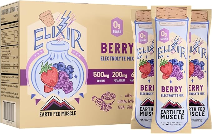 Earth Fed Muscle Elixir Berry Instant Hydration Electrolyte Packets Drink Mix – Zero Calorie, Sugar-Free, 30 Sticks Pack – Cure Electrolytes & Dehydration Relief