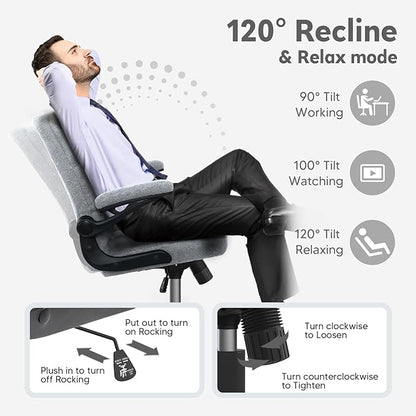 Office Chair with Wheels, Ergonomic Rolling Desk Chair with Flip-up Armrest, Adjustable Home Office Computer Chair Teddy Fleece – Light Gray