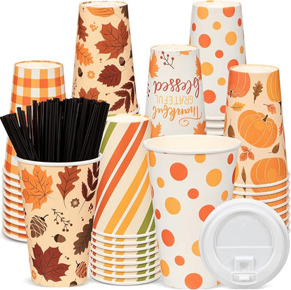 Umigy 60 Pack Fall Paper Coffee Cups 16 oz Thanksgiving Paper Hot Cup Disposable with Lids and Stirrers Beverage Drinking Cup with 6 Designs for Juice Water Coffee Tea for Home Shops