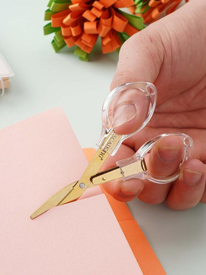 3.8” Folding Travel Scissors Set (2 Pcs), Safety Small Mini Foldable Scissors All Purpos, Clear Acrylic Comfort-Grip Handles, Gold Titanium Coated Blades for Craft, Sewing, Office Desk, Nurse